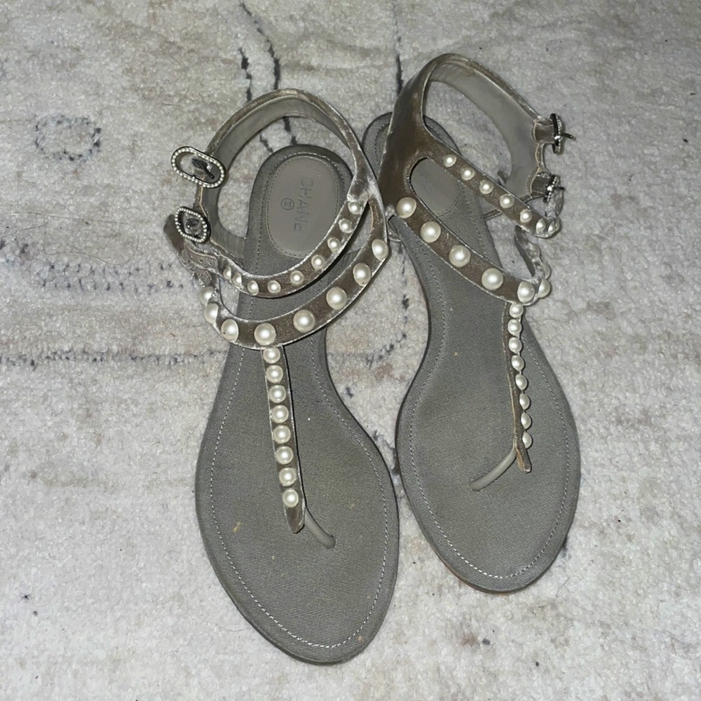 Chanel pearl embellished flat sandals